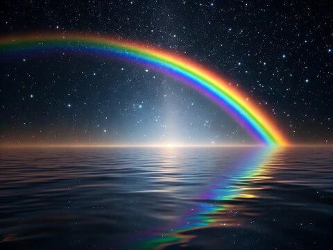 Vibrant rainbow arch reflecting across calm ocean horizon - Powered by Adobe