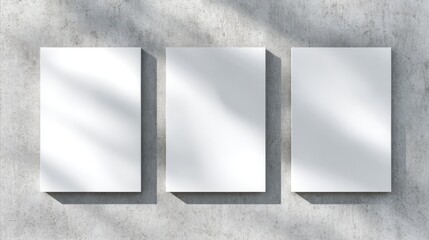 Stunning photo of three empty white vertical rectangle poster mockups with soft shadows on neutral light grey concrete wall background. Flat lay, top view.