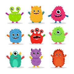 set of cartoon monsters. Cute monster in flat style. Kids funny character design for posters, cards, magazins. Vector illustration
