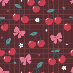 Red cherry with ribbon bow and grid background seamless pattern.