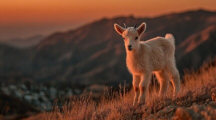 Obraz premium Goat on grassy hill with mountains in background