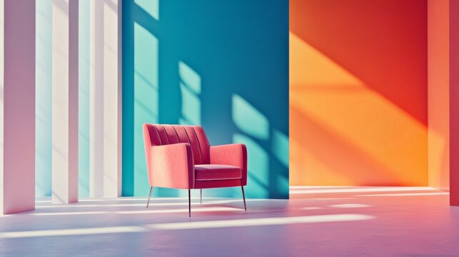 Modern minimalist room with red chair and sunlight through colorful window casting bold shadows
