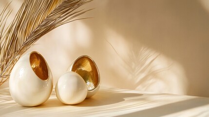 Obraz premium Minimalist scene with two pearl eggs on beige surface and shadows in soft artistic lighting