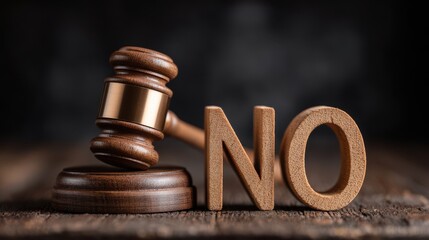 Stunning photo of wooden gavel rests near sign with word no before courthouse. Prohibition, restriction denial concept. Symbol of law, authority, court, justice, fairness.