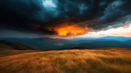 A breathtaking landscape featuring dark clouds contrasting with a vivid fiery sunset glow, embodying the dynamic and emotional interplay of nature's elements.