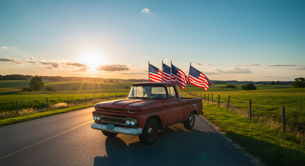 Vintage American truck decorated with flags driving along a scenic rural road in celebration
