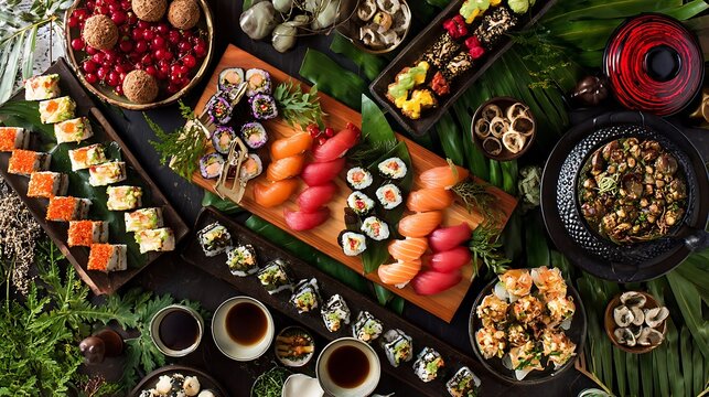 Diverse selection of sushi and other food items displayed on a buffet.