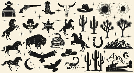 Western Icons Cowboy, Horses, Cactus, Desert, & More Silhouette Illustrations