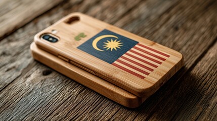 A bamboo phone stand with a Malaysian flag decal, eco-friendly design, flat lay