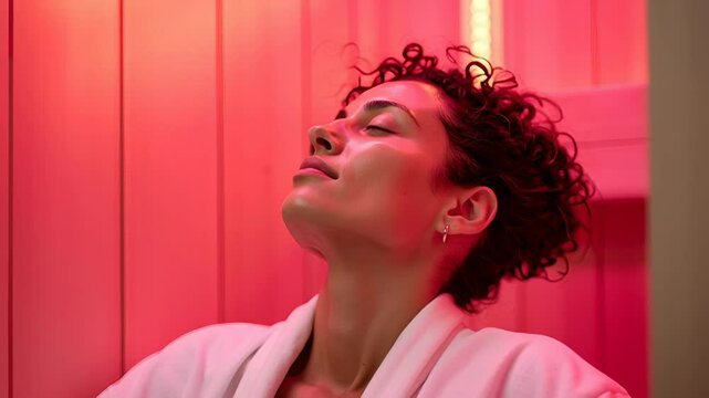 Relaxed woman basking in red ambient lighting, eyes closed in tranquility