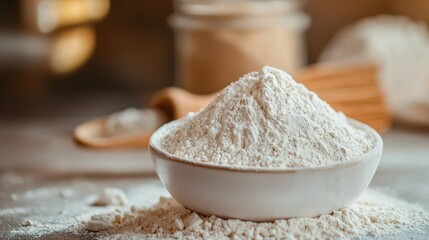 Bowl of flour on rustic table with baking tools in warm kitchen food preparation scene background