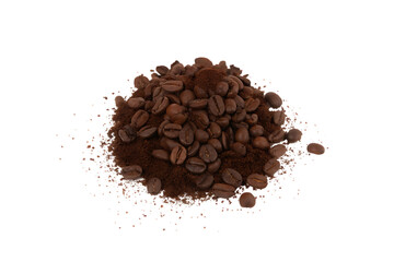 Pile of Roasted Coffee Beans and Ground Coffee on a Black Background for Coffee Lovers and Baristas