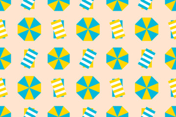 Seamless pattern of beach umbrellas and mats in yellow and blue tones on a sandy background