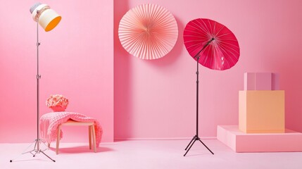 Colorful paper fans and boxes in studio with lighting equipment for photography fashion editorial styling session