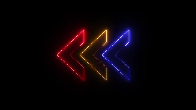 Colorful neon left arrow icon animation, 3 arrow animated,Neon arrow doing direction information animation on black background