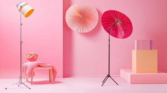Colorful paper fans and boxes in studio with lighting equipment for photography fashion editorial styling session