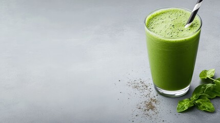 A vibrant green smoothie served in a glass with a striped straw, surrounded by fresh ingredients, capturing a healthy lifestyle and refreshing drink idea.
