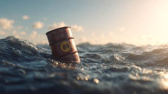 A lone radioactive barrel drifts on ocean waves under morning light, shown in a 3D render. 