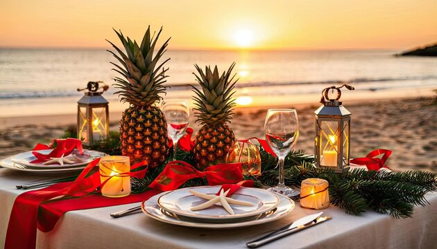 Christmas party table on sandy beach at sunset with pineapples, candles, lanterns, plates, glasses, and holiday decorations.