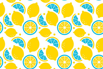 Seamless pattern of full, halved, and sliced lemons in yellow and blue tones on a fresh white background.