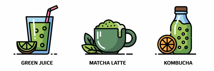 Clean vector icons of labeled healthy beverages: green juice, matcha latte, kombucha