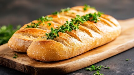 A golden-brown, crusty artisan bread loaf, shaped beautifully and garnished with fresh green herbs, sits elegantly on a wooden cutting board against a dark background.