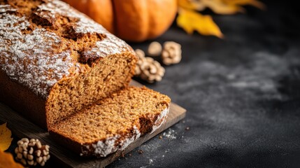 Fototapeta premium This mouth-watering image highlights a freshly baked pumpkin bread, beautifully arranged with autumn leaves and nuts, embodying the warmth and richness of fall flavors.