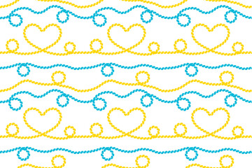 Seamless summer pattern of yellow and blue nautical ropes with straight lines, circular loops, and heart shapes on white.