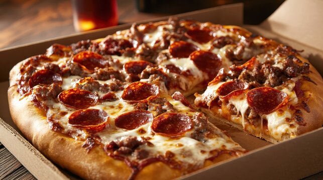An appetizing view of a pepperoni pizza in a takeout box, showcasing its cheesy goodness and inviting toppings, perfect for food lovers and casual dining occasions.