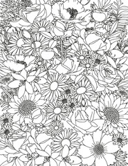 Abstract floral background. Pattern of different flowers. Coloring page for adults and children.