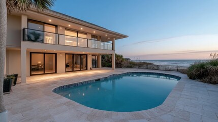 Fototapeta premium This stunning image features a luxurious house with a pool overlooking the ocean during sunset, conveying a sense of tranquility and the beauty of coastal living.