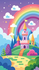 Fairytale Castle with Rainbow Vertical Background. Portrait Vector Illustration of a Magical Kingdom. Cute Princess Wallpaper for Phone Story © revpy