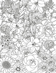 Abstract floral background. Pattern of different flowers. Coloring page for adults and children.