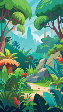 Cartoon Forest and Jungle Vertical Scenery. Portrait Vector Illustration of Tropical and Temperate Woods. Nature Wallpaper for Phone Story