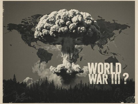 Dramatic WWIII propaganda poster featuring a world map engulfed by nuclear mushroom cloud and blast waves. Ideal for political documentaries, anti-war campaigns, dystopian book covers, and historical 
