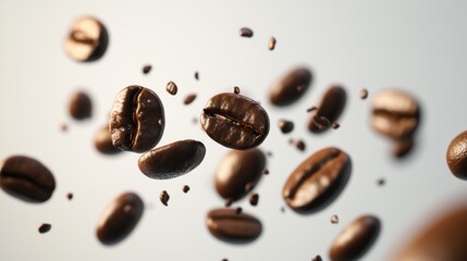 Flying coffee beans isolated on light background for caffeine energy drink concept product advertising design photography