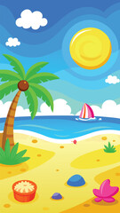 Vertical Cartoon Beach Scene for Mobile Story. Portrait Vector Illustration of a Summer Ocean Landscape. Cute Phone Wallpaper with Sand and Palm Trees