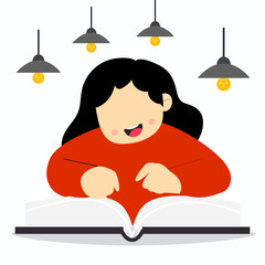 A children reading book under many lamps. Preschool education concept.