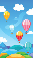 Fototapeta premium Vertical Hot Air Balloon Cartoon Wallpaper. Portrait Vector Illustration of a Cute Sky Scene for Mobile Story. Cheerful Phone Background for Kids