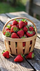 A woven basket filled with fresh, ripe strawberries on a wooden table. The are bright red and healthy, natural shine.