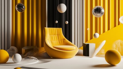 Yellow retro chair in stylish room with floating spheres and warm lighting for modern abstract interior concept
