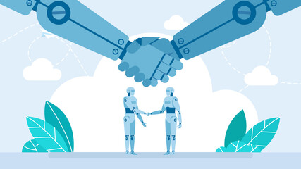 Two robots shaking hands. Close-up of robotic hands. Partnership, Handshake between robots. Handshake two robots. Collaboration between artificial intelligence. Robotization. Flat illustration