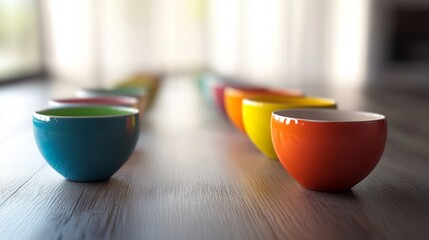 Colorful ceramic bowls arranged in a line on wooden table with soft morning kitchen lighting decor