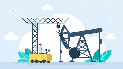 A wrecking ball destroys an oil rig. Protest against petrol and petroleum extraction. Oil well is abandoned, eliminated, banned, prohibited, stopped. Protest against fossil fuel. Flat illustration