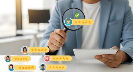 Business Professional Analyzing Customer Feedback and Ratings on Digital Devices