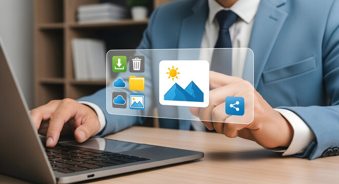 businessman using futuristic digital interface with icons on a laptop desk