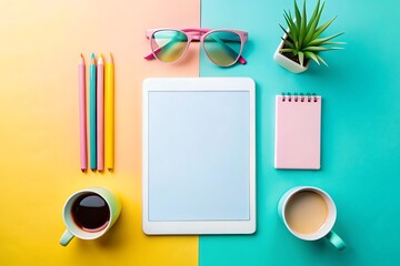 Flat lay of tablet, coffee cups, colored pencils, sunglasses, and notepad on pastel background