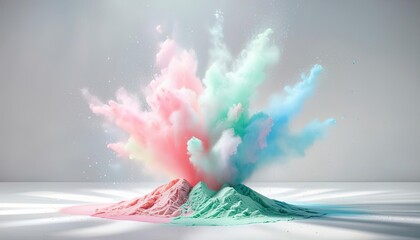 Pastel-colored powder explosions create a vibrant background with splashes of pink, blue, and green. For print and design projects