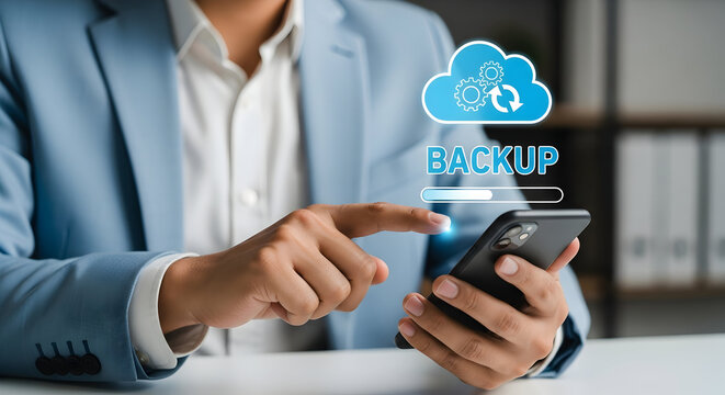 Business Professional Backing Up Data on Smartphone with Backup Cloud Icon