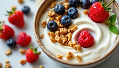 fortified yogurt with granola and berries, high in vitamin d, creamy texture, macro food detail, bright clean background, nutritional breakfast bowl